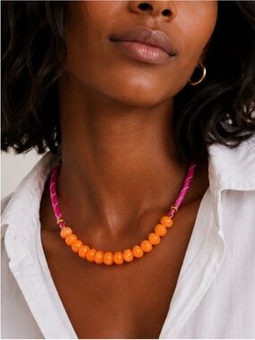 New! Colorful Preppy Pink Cord Orange Bead Dopamine Necklace NWOT